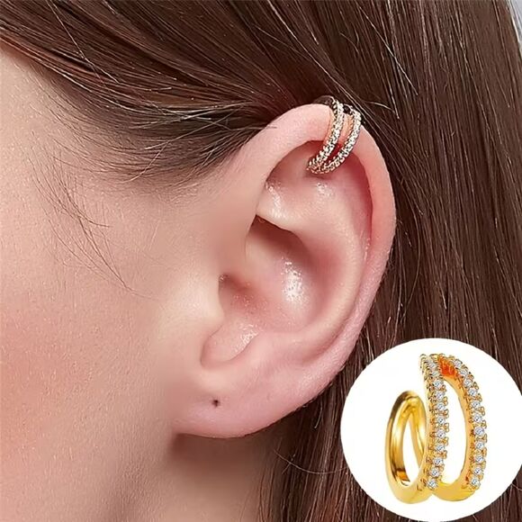 Boutique Jewelry - Double Layered Cubic Zirconia Gold Ear Cuff Clip Fashion Jewelry Trendy Earrings